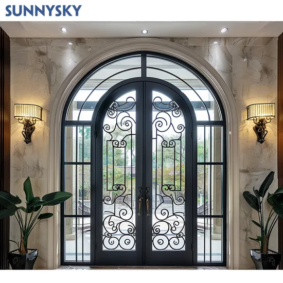Sunnysky Villa House Entrance Double Glass Storm Arch Top Security Metal Profile Waterproof Entry Gate Wrought Iron Front Door 