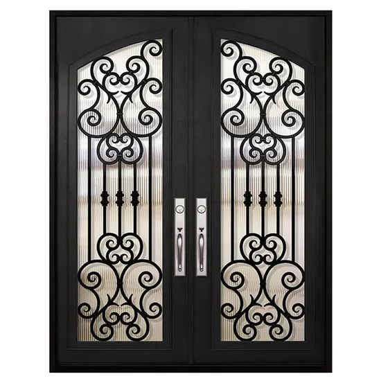 Exterior Metal Double Door Design Luxury Modern American French Style Black Wrought Iron Storm Security Front Entry Doors 