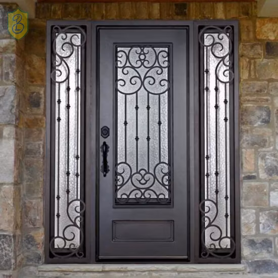 South American Market Wrought Iron Gate Steel Security Door with Glass Metal Entrance Single Leaf Door